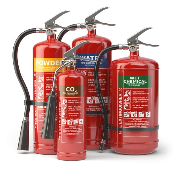 Allfire Services | Rock Hill SC | Fire extinguishers isolated on white background. Various types of extinguishers.